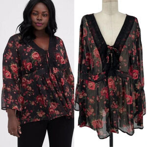 Torrid Babydoll Chiffon‎ Lurex Crochet Detail Lace-up Blouse Botanical Plus 2X